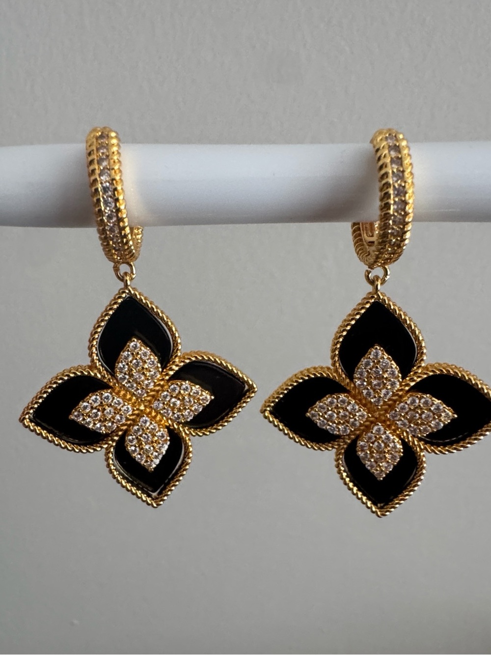Gold & Black Flower Drop Earrings with Crystal Accent